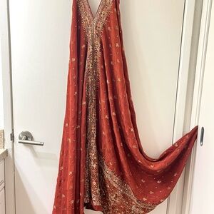 Elegant Rust Red Embellished Women's Dress